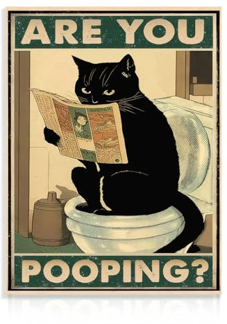 Dazzlewall Lustige Schwarze Katze Badezimmer Wandbilder Sind Sie Pooping Katze Zeichen Vintage Katze sitzt auf der Toilette Lesen Zeitung Leinwand Bilder für Badezimmer Deko 12x16 in Ungerahmt