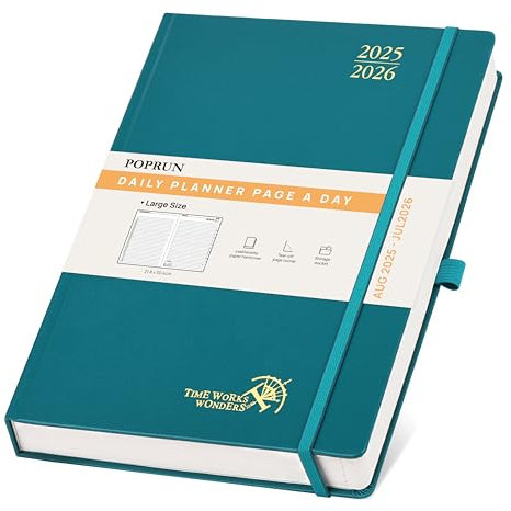 POPRUN Tagesplaner 2025 2026 Hardcover 30,5 x 22 cm, Tageskalender A4 1 Tag 1 Seite (Montag - Sonntag), Terminplaner (Aug.2025-Jul.2026) mit Stiftschlaufe - Pazifikgrün