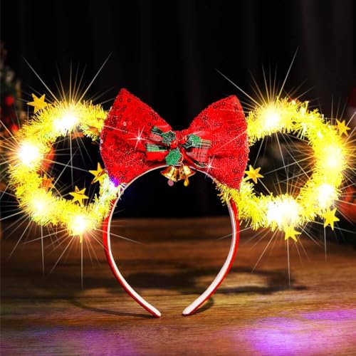 Reaky Light Up Christmas Headband Led Mouse Ears Headbands Red Bow Xmas Hairband Hair Accessories for Women (Yellow, One size)
