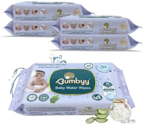 Bumbyy Water Wipes Baby – 240 Unscented Wet Wipes with 99.9% Pure Water, Natural, Biodegradable & Plastic-free with Aloe Vera & Chamomile Extract for Sensitive Skin - 60 Each (Pack of 4)