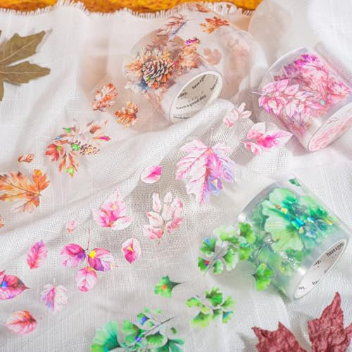 Scrapbooking Zubehör Stickers Set,3 Rolls Leaf Themed PET Washi Tape Aesthetic Stickers,Decorative for Bullet Journal Zubehör,Journal,Photo Album,Mobile Phone,Notebook(Falling Leaves Become Poems)