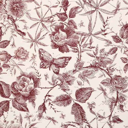 LOVADA Peel and Stick Drawer Liner Contact Paper Wallpaper Removable Self Adhesive Vintage Rose Floral Butterfly Sketched Design for Dresser Cabinet Shelf Renter Friendly Burgundy Red Maroon 40*2000cm