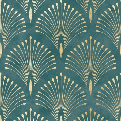 Livelynine Papier peint à décoller et à coller style art déco vintage vert sarcelle doré élégant pour locataire bohème plume de paon autocollant décoratif pour meubles 44,5 x 701 cm
