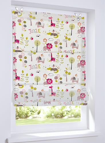 Buntes Ösenrollo Safari, Kinderraffrollo mit Tiermotiv, lichtfilternd und Blickdicht in der Größe 80 x 130 cm