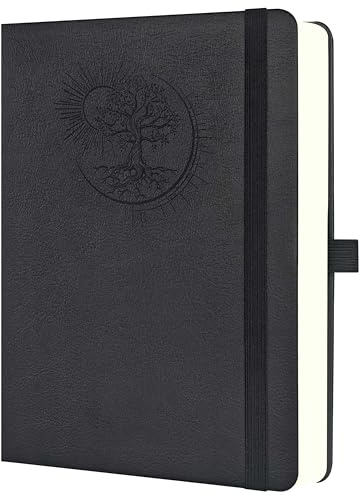 Mlife Notizbuch B5 mit Lebensbaum-Design–300 Seiten,100g Papier,PU-Cover,elastisches Band,Stifthalter,3 Lesezeichen–Ideal für Beruf, Studium & Geschenk(Schwarz)