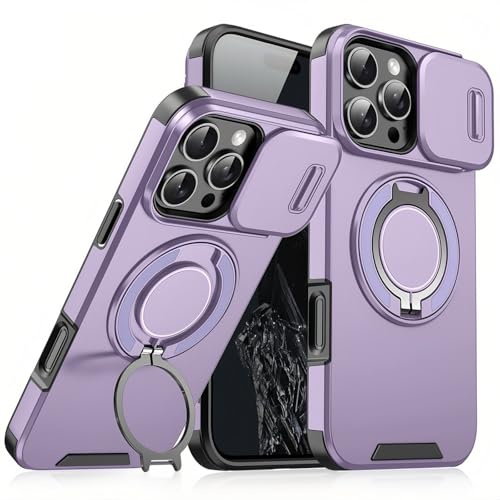 Mixroom - Custodia Cover per iPhone 15 Pro Max Protezione Antiurto Militare con Supporto cellulare a stand Cavalletto ad Anello Magnetico Copertura Fotocamera Slide Scorrevole C07 Lilla