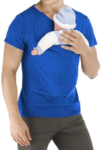 Herren Babytrage Shirts - Känguru-T-Shirt mit sicherer Tasche, atmungsaktiver V-Ausschnitt, schmale Passform für Väter, Stretch-Baumwollmischung (3,2-6,8 kg), langlebige bequeme Passform, blau, XL