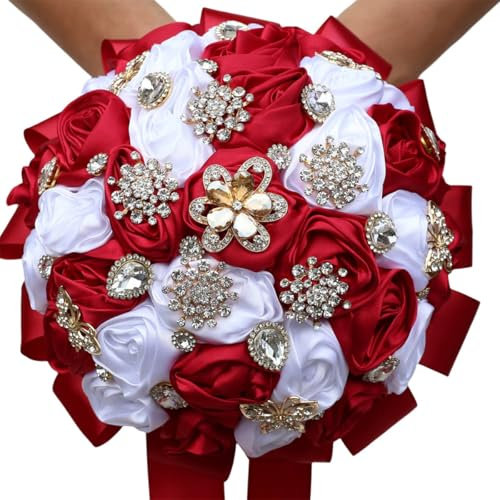 Namzi Bouquet de mariée de luxe fait à la main - Grande rose en soie - Bouquet de fleurs artificielles vintage (rouge + blanc)