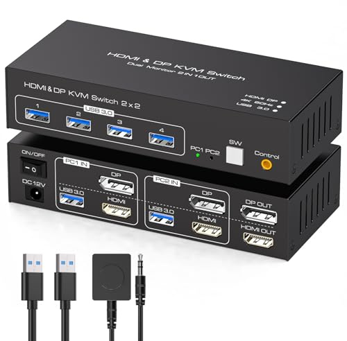 TJCXELE HDMI Displayport KVM Switch 2 Monitors 2 Computers 4K60Hz USB 3.0 KVM Switches for Dual Computers Share 4 USB Ports Support Copy/Extend Mode With DC 12V/1A Adapter&Wired Controller
