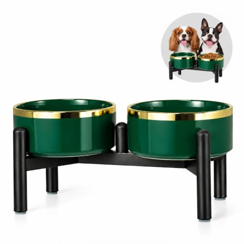 Double Gamelle Chien Surélevée Céramique - Gamelles Chien avec Support INOX pour Petit et Moyen Chiens - Bol Anti Éclaboussure pour Eau et Croquettes - 350g / 660ml - 15cm - Ver