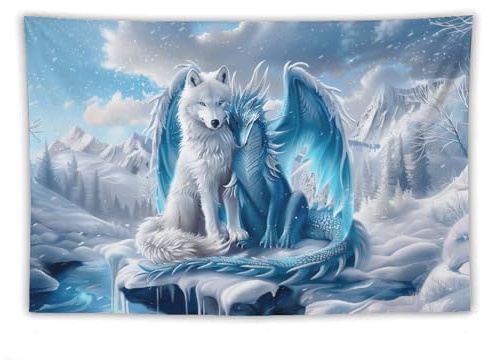 Wandteppich Drache Und Wolf Im Schneewinter Wandteppiche Mehrzweck Wandbehang Dekoration Wandtuch Für Geschenk Wohnzimmer Schlafzimmer 130X152CM
