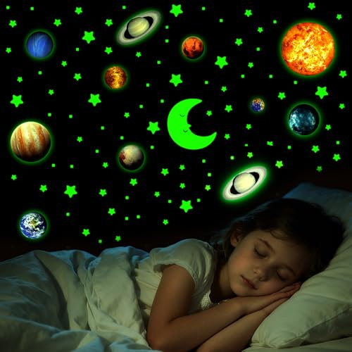 Gsrhzd Leuchtsterne Kinderzimmer, Leuchtsterne Selbstklebend, 522 Stück | Sterne Mond Sonnensystem Aufkleber, Fluoreszierende Sterne für Kinderzimmer Schlafzimmer Wohnzimmer