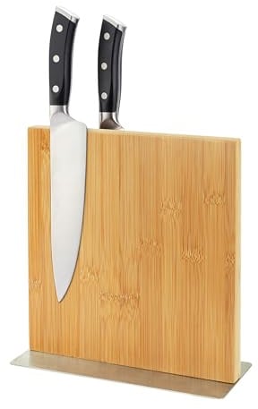 Bloc à Couteaux Relaxdays magnétique, Double Face, Bambou et INOX, 23 x 25 x 10 cm, Support de Couteaux, Naturel/Argent