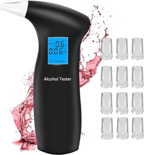PUTAII Alkoholtester, Alkoholmessgeräte Polizeigenau mit 12 Mundstücken, Professioneller Alkohol Tester Promillemessgerät mit Digitaler LCD-Anzeige und Halbleiter Sensorik