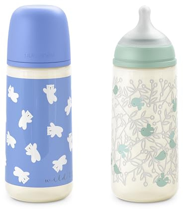 Suavinex, Lot 2 Biberons 360 ml, Tétine Symétrique Débit Dense (L), Bleu | Anti-colique, Tétine Physiologique Silicone, Liquides Épais, Bouillies Liquides, Eau, Lait, Bébés +6 Mois, Bébés +6 Mois