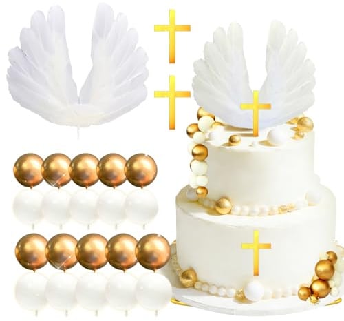 Kreuz Tortendeko Taufe, 23pcs Torten Topper Kommunion, Kuchen Topper Kugeln, Tortendeko Kreuz Gold, Geeignet für Christentum, Heilige Kommunion, Taufe, Babyparty