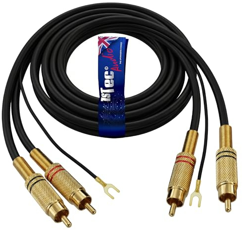 1STec 10m Vinyl Player Cable with Twin Red & White Moulded RCA Plugs Dedicated Earth Wire Shielded OFC Conductors stops Hum Humming Buzz Buzzing Feedback Noise from your HiFi speakers 10Metre