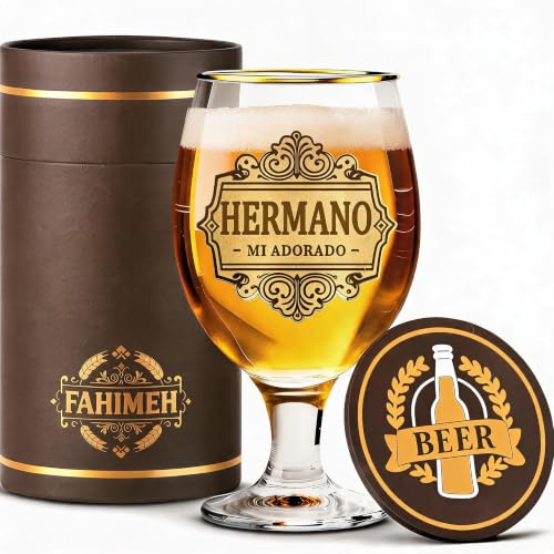FAHIMEH Regalo Hermano, Personalizadas Copa Cerveza, 400ml | Para Cumpleaños Aniversario Navidad , de Hermanos Originales Ideas Hombres Regalos con Posavasos