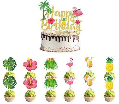 Tourima 1 Flamingo Deko Happy Birthday Tortendeko & 12 Glitzer Tropische Hawaii Deko Cake Topper, Midsommar Torten Deko Pinata Geburtstag, Vaiana Geburtstagsdeko, Muffins Papierförmchen, Sommer Strand
