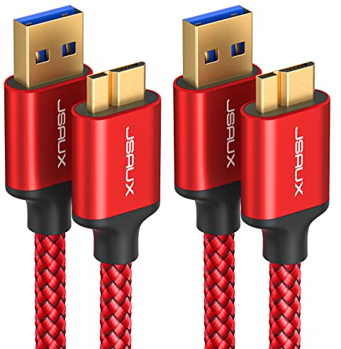 JSAUX [2-Stück 1M+2M] USB 3.0 Mikrokabel, Externes Festplattenkabel USB A Stecker auf Micro B Ladekabel Kompatibel mit Toshiba, WD, Seagate Festplatte, Samsung Galaxy S5/Note 3/Note Pro 12,2-Rot