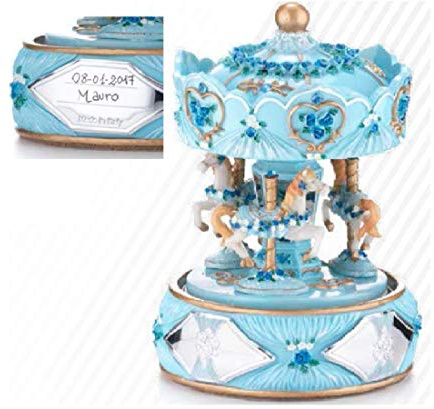 Mechanische Spieluhr H.16 Rotierende Pferde hellblau für Kinder mit Platte Silber 925% Gravur 1963/C
