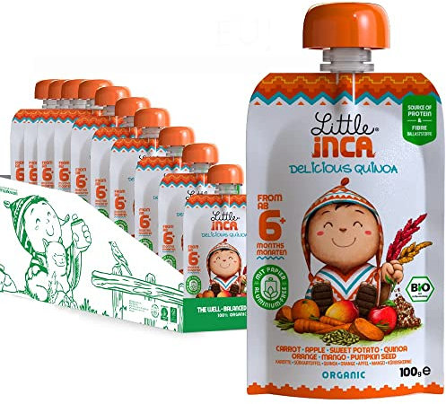 Little Inca Happy Orange (6 x 100 g) | Bio-Babynahrung auf pflanzlicher Quinoa-Basis, recycelbare Beutel, schont den Darm und fördert die kognitive Entwicklung | Laktosefrei | Ab 6 Monaten