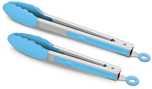 Set of 2 Kitchen Tongs, Premium Stainless Steel Locking 9-Inch & 12-Inch Silicone Grilling Barbeque Cooking Food Tong, Blue
