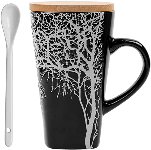 MUXUE Tasse à café en céramique de Grande capacité Mug Noires personnalisées de Haute Tasses à thé avec Couvercle cuillère Tasse de Couple 500ML Cadeau pour Noël, Saint Valentin, Anniversaires