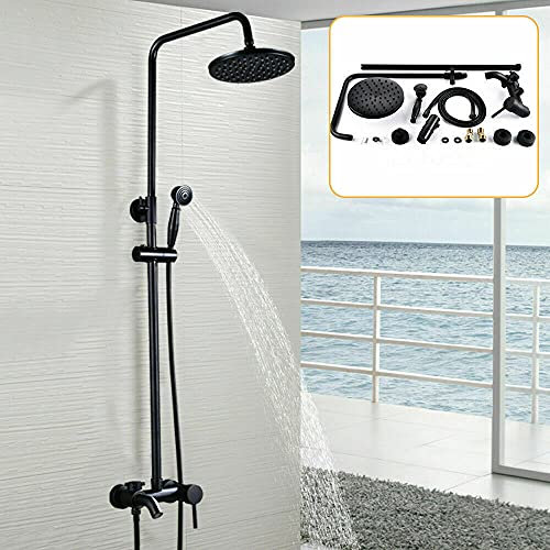 Duschsystem Regendusche mit Armatur Schwarz - Retro Duschsystem mit Regendusche Duschset Wandmontage aus Edelstahl inkl Duschstange, Duschkopf und Handbrause für Badezimmer Duscharmatur