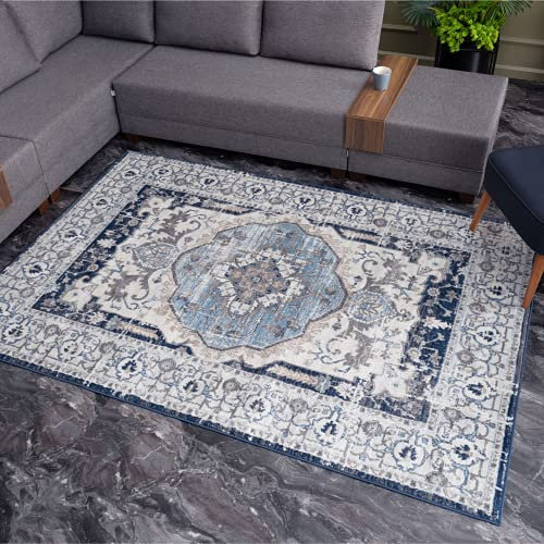 THE RUGS AREA RUG LIVING ROOM BEDROOM LARGE SMALL VINTAGE SOFT SHORT PILE BORDERED CLASSIC ORIENTAL DESIGN TRADITIONAL PERSIAN MOROCCAN BOHO CARPET - XLARGE 200X290 CM, NAVY MEDALLION DESIGN