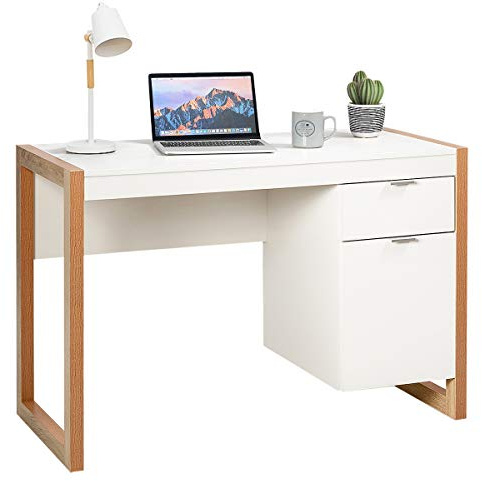 GOPLUS Computertisch mit Schublade und Schrank, Geräumiger Schreibtisch mit Holzrahmen, Arbeitstisch aus Holz, in Modernem Stil, für Schlafzimmer Arbeitszimmer Büro