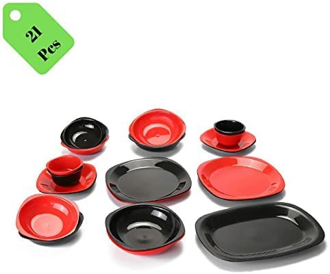 Reusable ECO Unbreakable Durable Plastic Dinner Sets- Ideal for Indoors and Outdoors (Dinnerware Plates Set - 21 Pcs - (Black & Red))