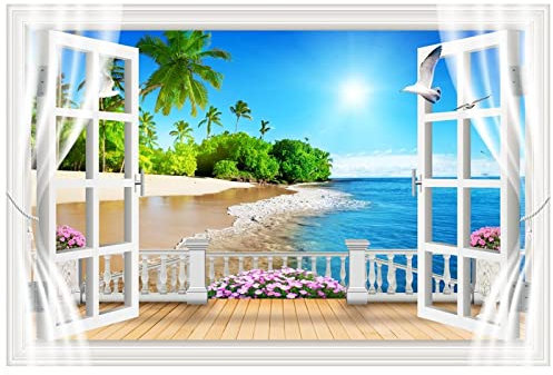 Stampe e Quadri su Tela Quadro Finestra. Natura Paesaggio Stampa su Tela. Spiaggia assolata Paesaggio Dipinto finte finestre. Panorama Quadro su tela 80x120cm(32x47in)senza cornice