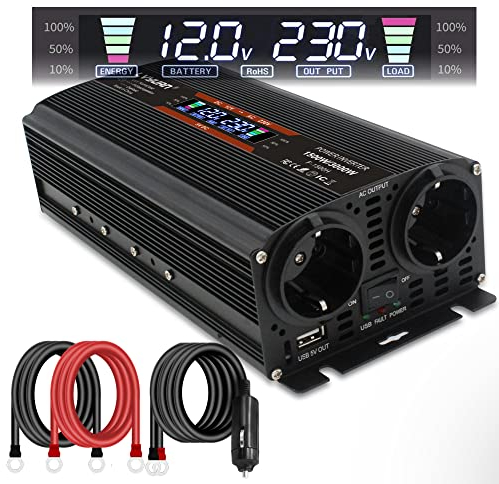 Yinleader Convertitore di Tensione 12v 220v 1500W /3000W Convertitore Auto a Onda modificata con schermo Trasformatore Dual Presa UE, USB