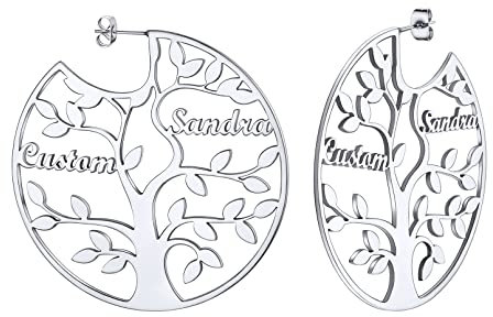 Custom4U Boucle d'oreille Personnalisé 2 Prénoms Créoles Arbre de Vie Femme Gravé