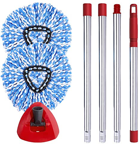ANREKEYH Spin Mop Head, Base, Handle Replacement for O-ceda EasyWring RinseClean Microfiber Spin Mop, 2 Microfiber Mop Refills, 1 Triangle Mop Head Cover and 30-58in Mop Handle (Blue (2-Tank System))