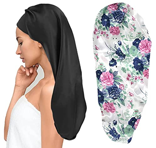 LadayPoa Lange Satin Haarhaube Mädchen seidige Mütze Damen,2 Stück Lange Satin Schlafmütze zum Schlafen Extra Große Satin Schlafmütze für langes lockiges Haar Schutz …