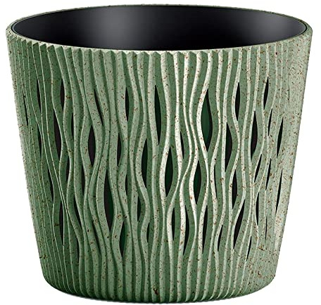 Prosperplast Blumentopf, grün, mit Tank, Sandy Round Eco Wood, 12,8 x 12,8 x 11,1 cm, Fassungsvermögen 0,9 l.