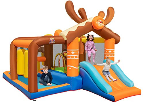 COSTWAY Castillo Hinchable de Renos, Casa de Saltos para Niños con Tobogán, 7 en 1 Castillo Hinchable Grande para Ninos 3 a 12 años, 420 x 310 x 260 cm, Insuflavel Crianças Interior y Exterior