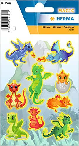 HERMA 15494 Aufkleber Drachen klein groß, 9 Stück, Neon Tiere Sticker mit lustigen Drache Motiv, Kinder Etiketten für Fotoalbum Tagebuch Poesiealbum Scrapbooking Geburtstag Deko Briefe DIY Basteln