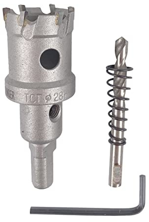 WELDINGER Lochsäge Hartmetall 28 mm für Stahl Edelstahl NE-Metall Guss mit Zentrierbohrer Auswurffeder Montageschlüssel (Bohrkrone)