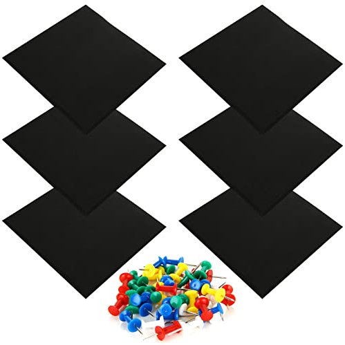 JMIATRY 6 Pcs Black Cork Board, Large Size Square Self-Adhesive Corks Boards for Walls, 9mm Thick Pin Board Tiles with Pins for Pictures, Photos and Drawing, 30x30cm