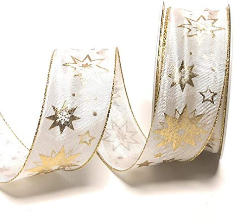 s.dekoda Schleifenband 20m x 40mm Weiß - Gold Sterne Dekoband Geschenkband Weihnachten [5124]