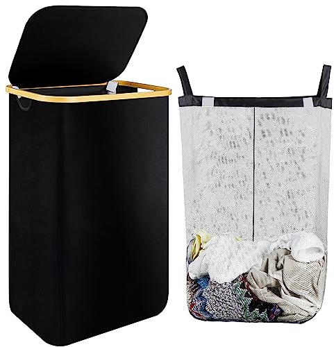 Greentainer Wäschekorb mit Deckel 105L Wäschesammler mit Wäschesack aus Oxford und Bambus, Groß Wäschebox mit Henkel Schwarz- ausziehbar & abnehmbar Laundry baskets Wäschetruhe Wäschetonne