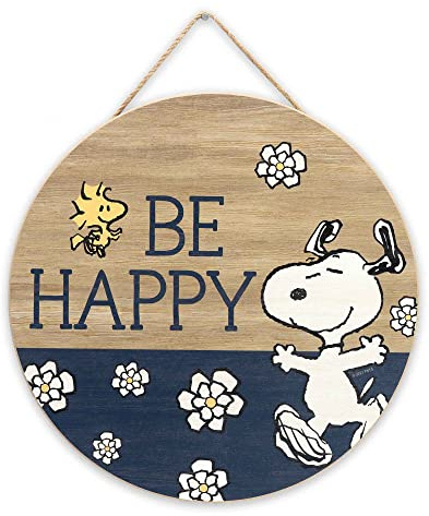 Peanuts Snoopy Be Happy Wanddekoration, rund, zum Aufhängen, Holz | Lustiges Snoopy-Schild für Heimdekoration