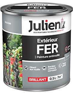 Julien Peinture Fer Anti-Rouille Brillant - Portes, grilles, portails, mobilier de jardin en métal - Gris Acier 0,5 L