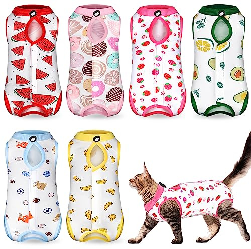Kacctyen 6 Set Cat Recovery Suit After Surgery Female and Male Cat Kitten Surgery Suit E Collar Alternative Pajama Kitty Clothes for Spay Abdominal Skin Anti Licking(Fruit,Medium)