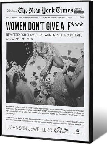 OPPQRRS Gerahmtes Vintage-Poster auf Leinwand, Motiv: New York Times, trendiges ästhetisches Poster, flippige Discokugel-Cocktail-Drucke, humorvolle Frauen, Party, Kuchen, Alkohol-Bilder, 30,5 x 40,6