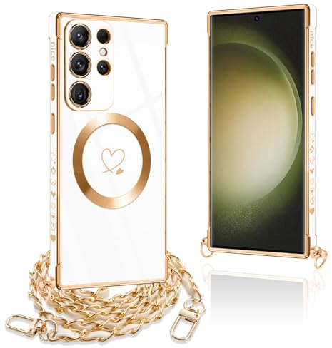 Pnakqil Handykette für Samsung Galaxy S23 Ultra Hülle mit Band, Kompatibel mit MagSafe, Handyhülle Ultra Dünn Silikon Magnetisch mit Herz Love Muster Schutzhülle mit um Umhängen Kordel, Weiß Gold