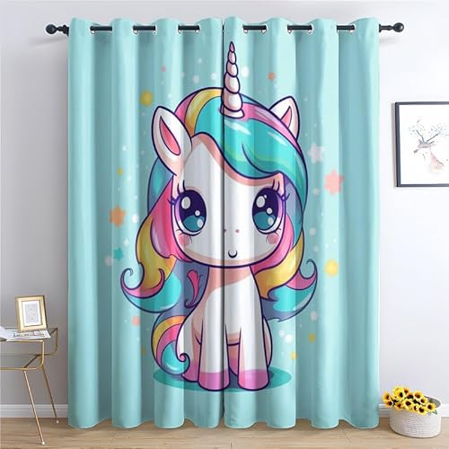 QEODAH Vorhänge Einhorn Kinder Vorhang Blickdicht Ösenvorhang Verdunklungsvorhänge Gardinen Wohnzimmer Schlafzimmer Kinderzimmer Fenster Deko Blackout Curtain 2er Set H 160 x B 140 cm